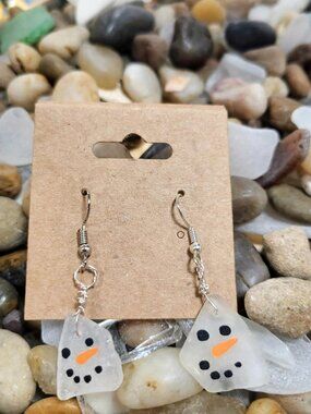 Snowman Face Dangle Earrings - Handmade, Silver Hooks
